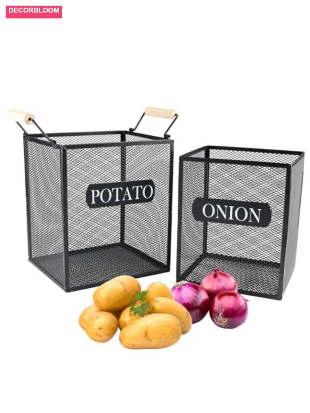 Set of 2 Metal Mesh Potato Onion Storage Bins with Wooden Handles